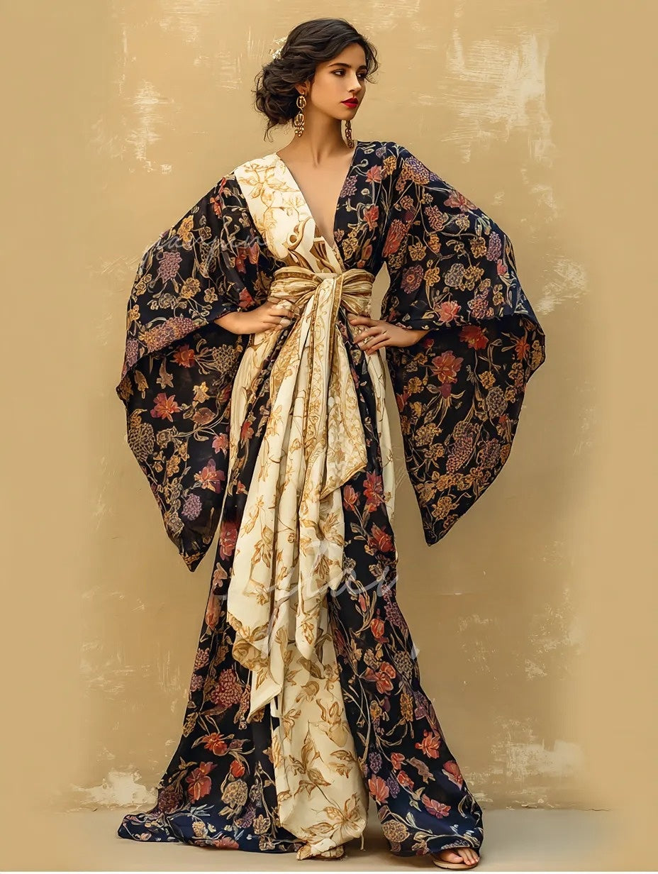Women's Flower Kimono Linen Robe (Including Belt)