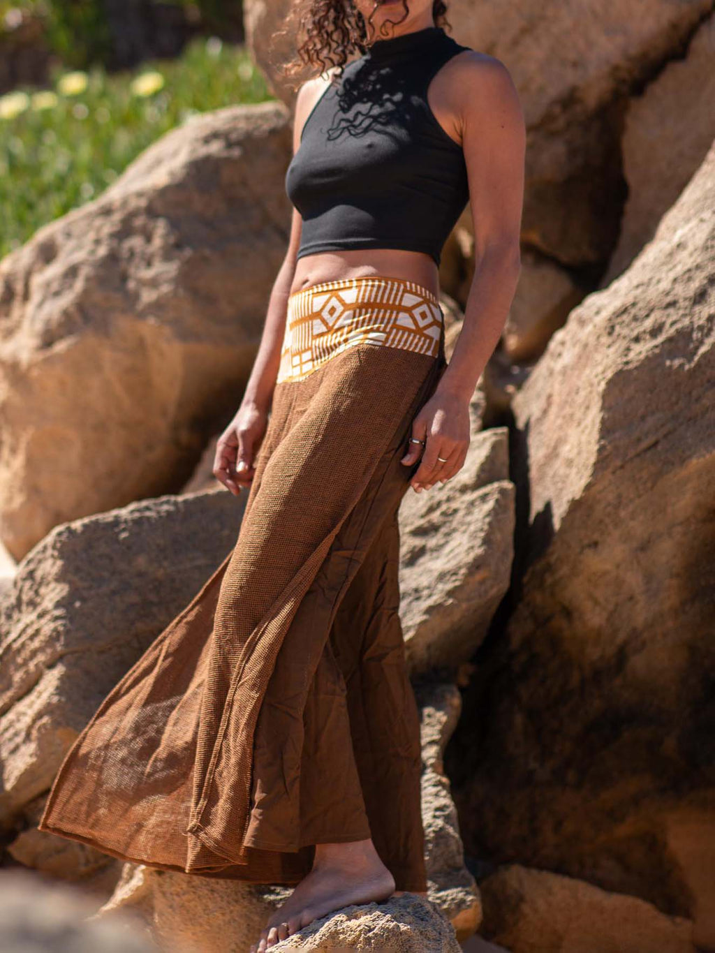 Wide Leg Boho Pants Unisex | Ethnic Cotton Pants Tribal Waistband | Layered Mesh Overlay Trousers