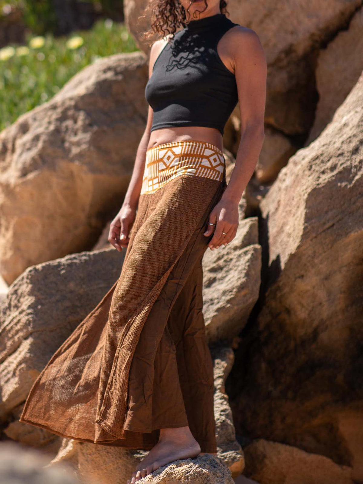 Wide Leg Boho Pants Unisex | Ethnic Cotton Pants Tribal Waistband | Layered Mesh Overlay Trousers
