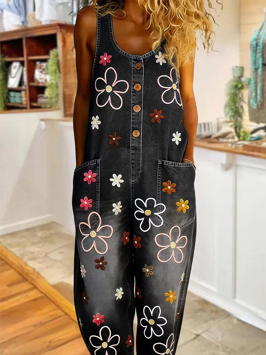 Multicolor Petal-Print Denim Jumpsuit