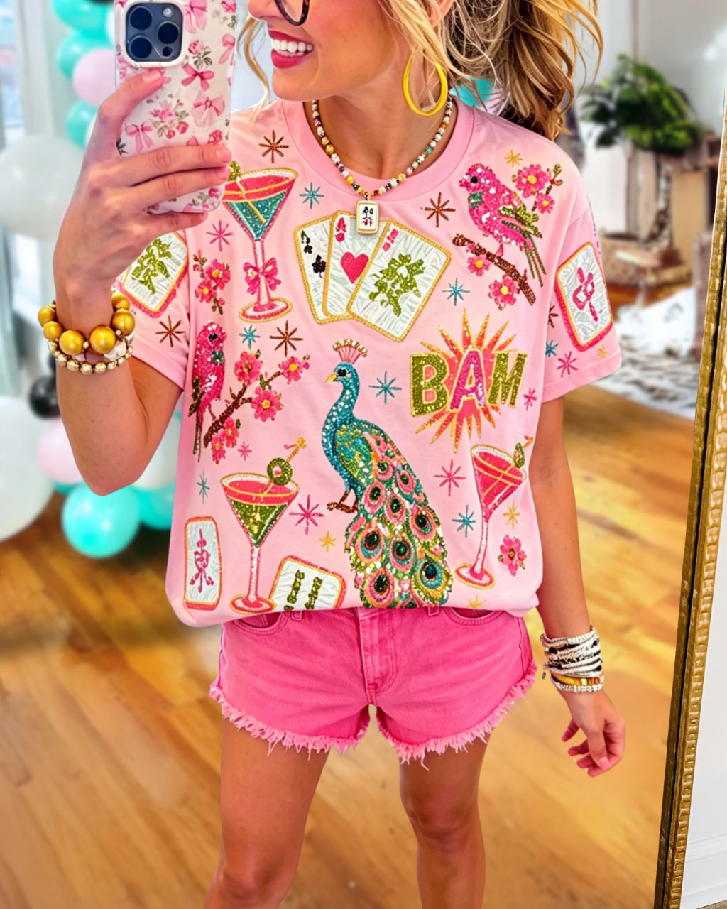 Mahjong Peacock Sequined T-Shirt