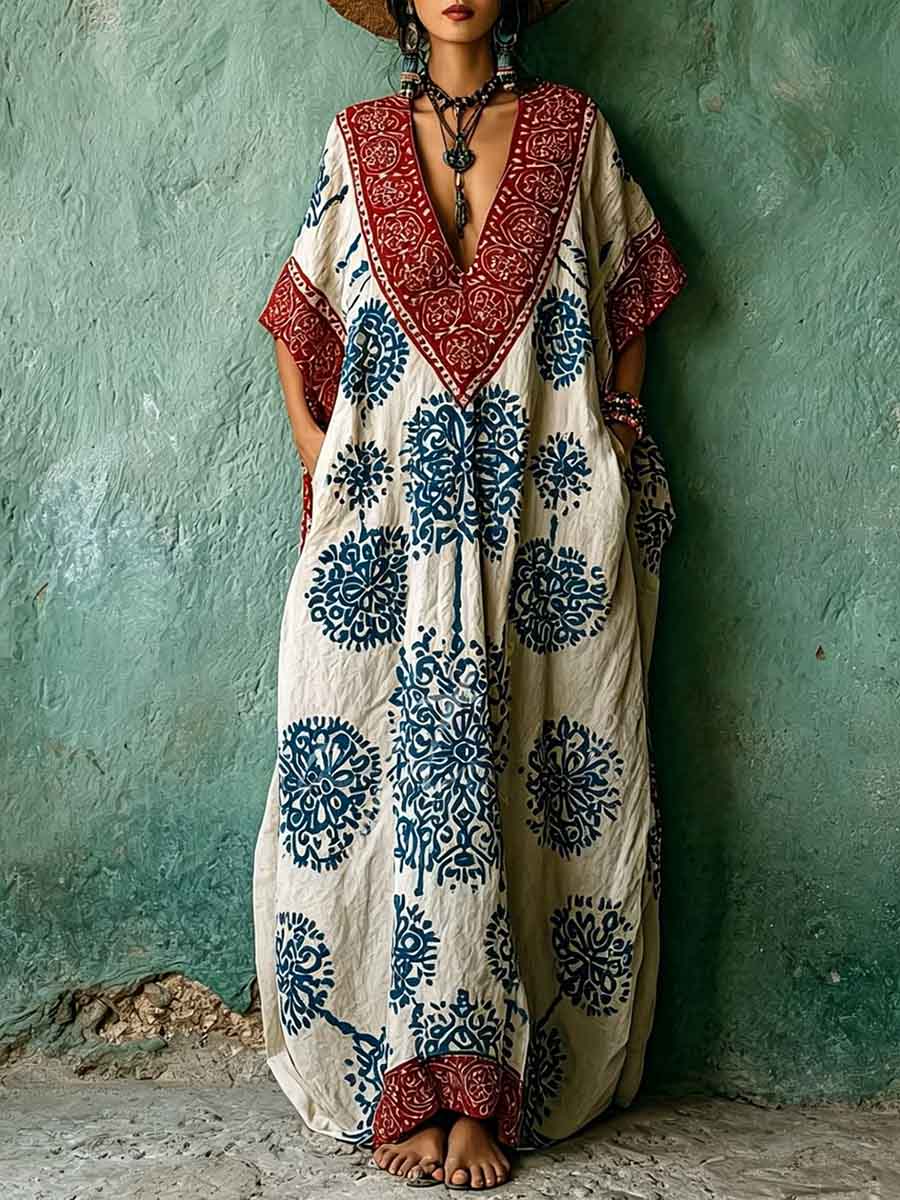Women's Vintage-print V-neck 3/4-sleeve Casual Loose Cotton-linen Dress