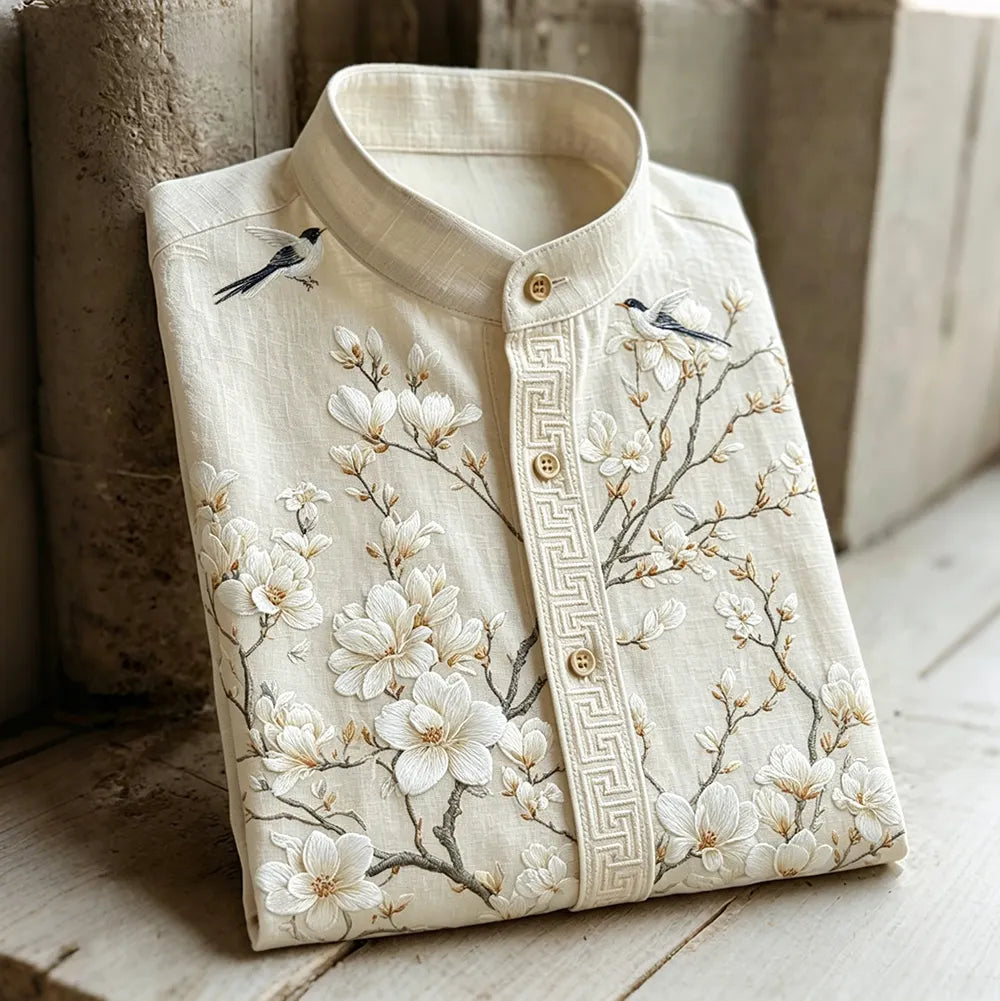 Vintage White Blossoms & Birds Art Pattern Cozy Linen Shirt