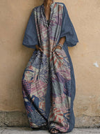 Colorful Botanical Leaf Decorative Patterns Women's Long Sleeve V Collar Cotton Linen Jumpsuit