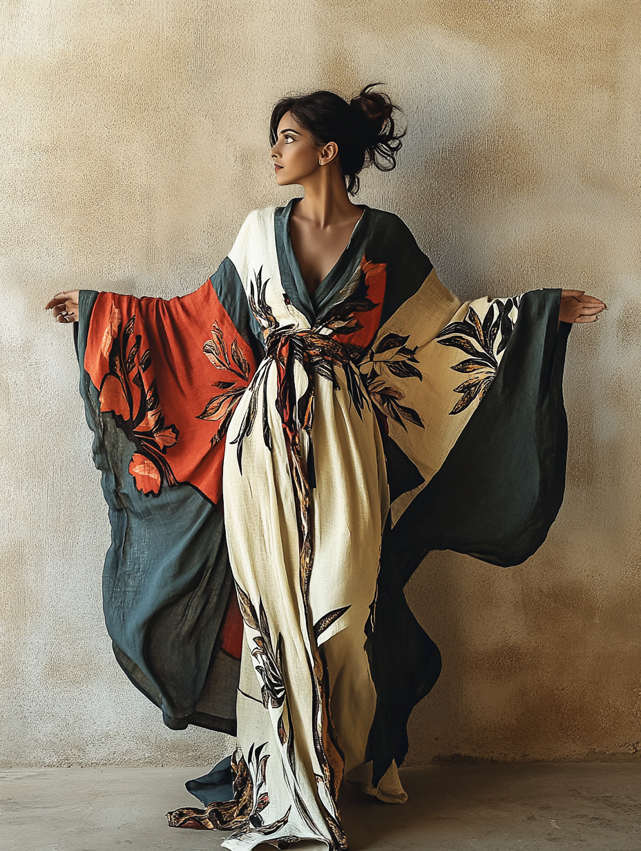 Women's Green and Red Printed Kimono Linen Robe (Including Belt)