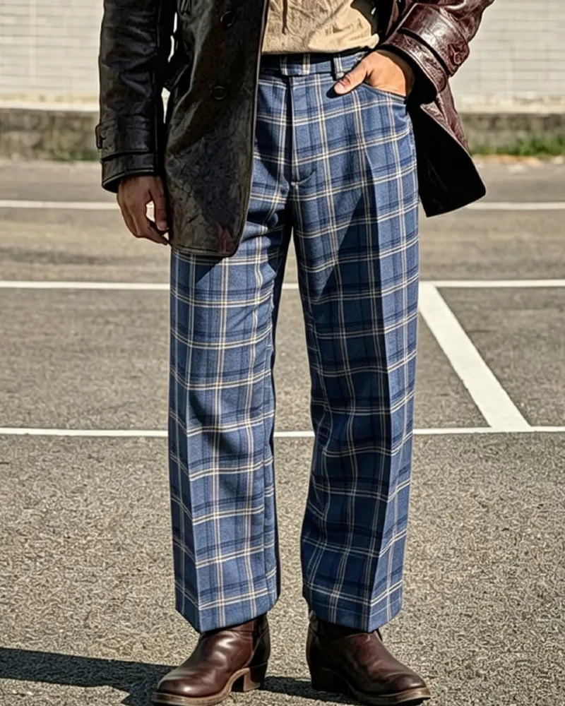Vintage Blue Cream Windowpane Plaid Wide©\Leg Trousers