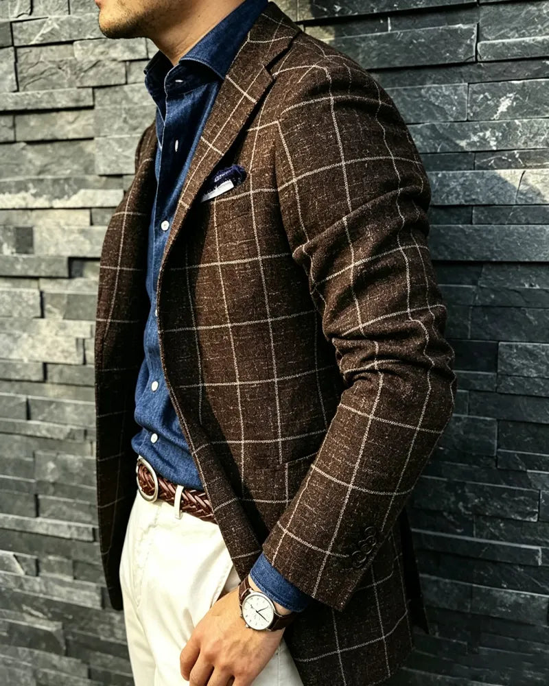 Retro Brown Checkered Single-breasted Casual Blazer