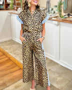 Contrasting Ruffle Trim Leopard Satin Set
