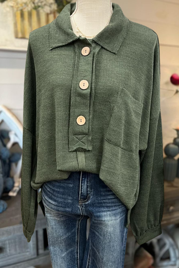 Ribbed Half Collar Button Top