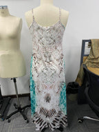 Nextmacys-Women Half Sleeve V-neck Graphic Printed Two-Piece Maxi Dress-Petite Size Available