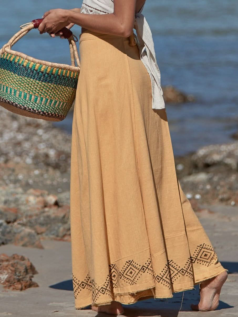 Bohemian High-Waist A-Line Full Swing Ethnic Print Floor-Length Maxi Dress