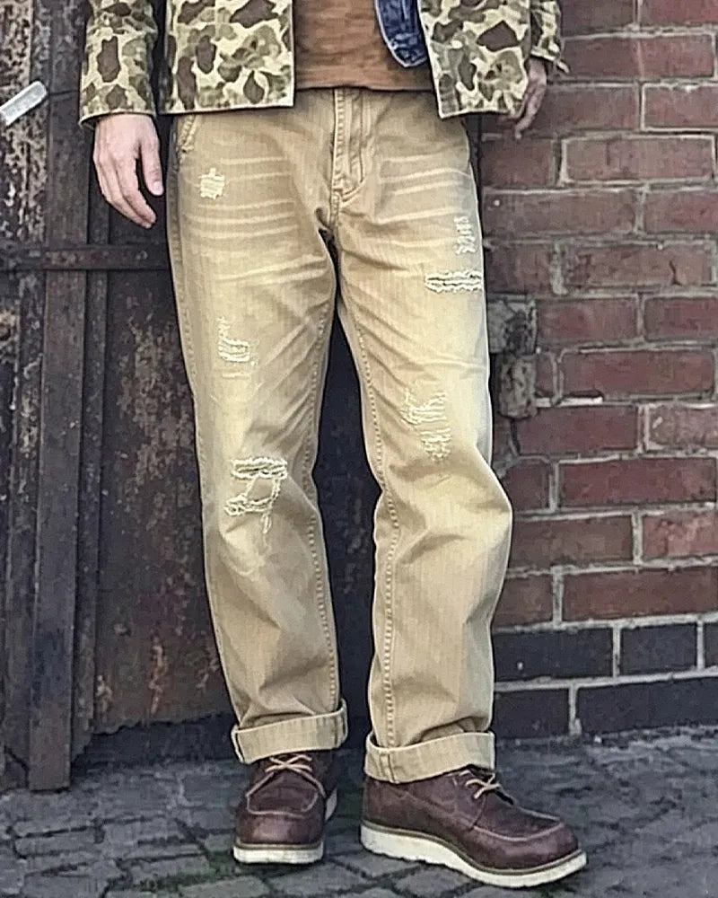 Vintage Khaki Herringbone Twill Straight Military Trousers