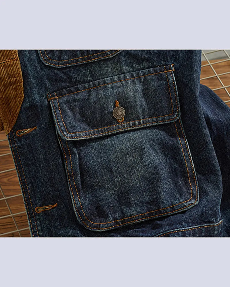 Vintage Corduroy Collar Multi©\Pocket Chore Denim Jacket