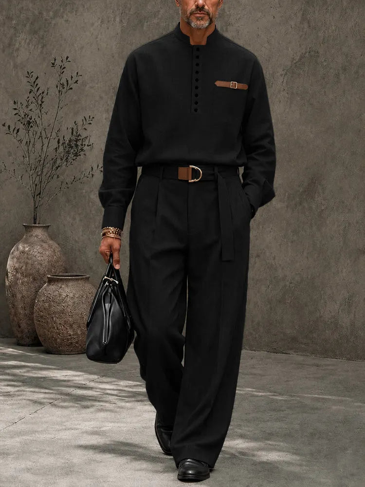 Modern Retro Half-Button Suit Shirt Pants Set