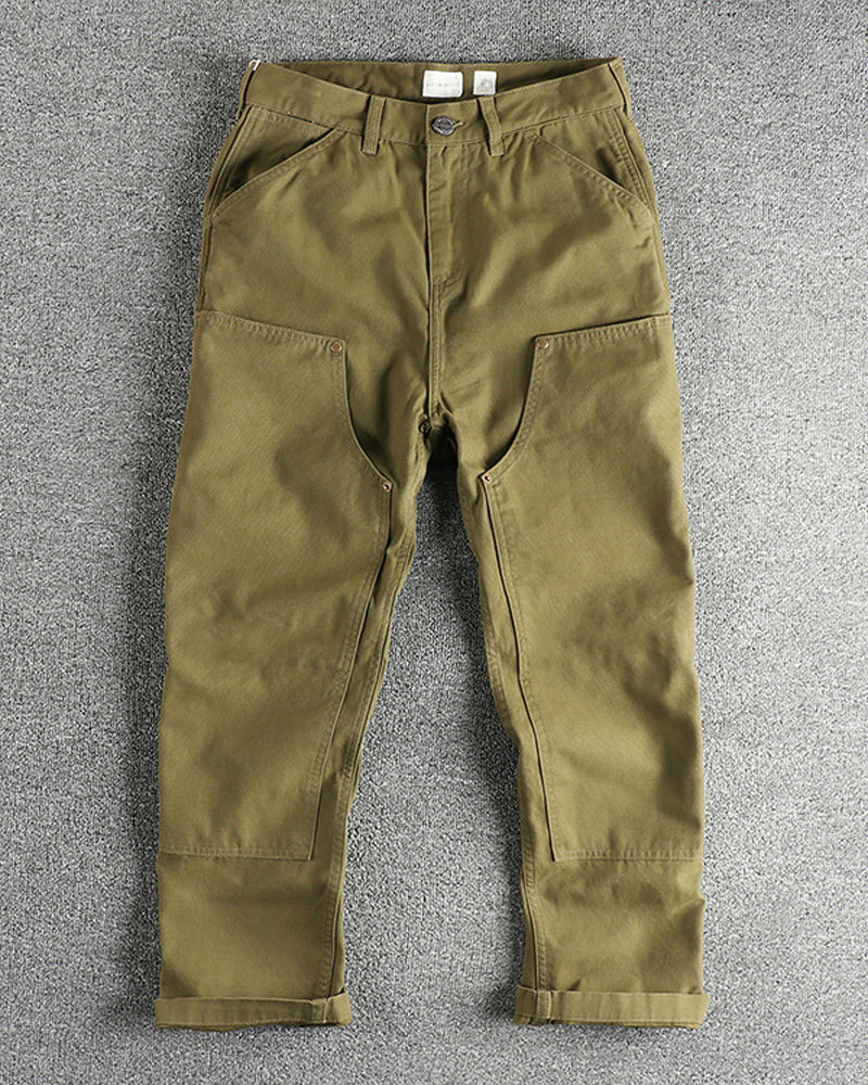 Vintage Olive Green Double Knee Carpenter Workwear Straight Leg Canvas Pants