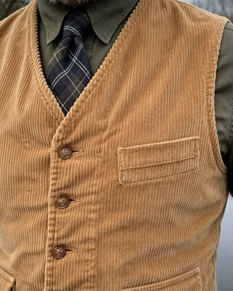 Vintage Camel Corduroy Single-breasted Vest