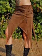 Asymmetric Wrap Skirt with Side Lace-Up Detail and Raw Hem