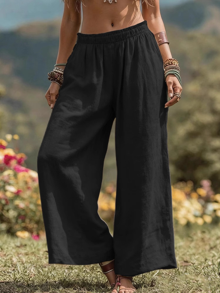Natural Linen Elastic Waist Wide Leg Pants