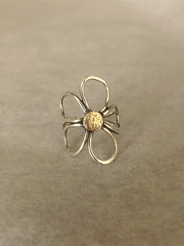 Hollow-Out Flower Two-Tone Open Ring
