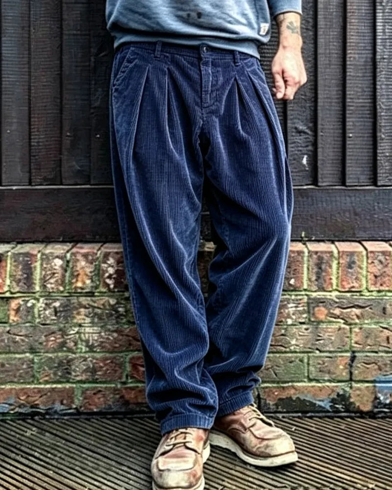 Vintage Dark Blue Corduroy Straight-leg Casual Pants