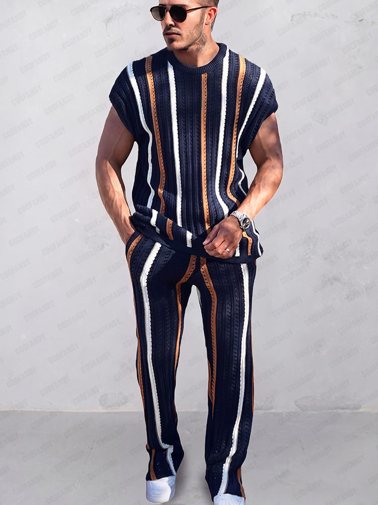 Trendy Stripes Openwork Knit Set