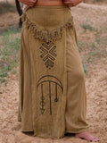 Cotton Linen A-Line Maxi Skirt with Tribal Totem Print and Tassel Waistband