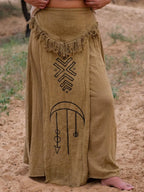Cotton Linen A-Line Maxi Skirt with Tribal Totem Print and Tassel Waistband