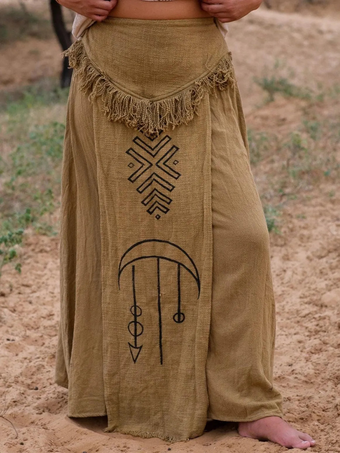 Cotton Linen A-Line Maxi Skirt with Tribal Totem Print and Tassel Waistband