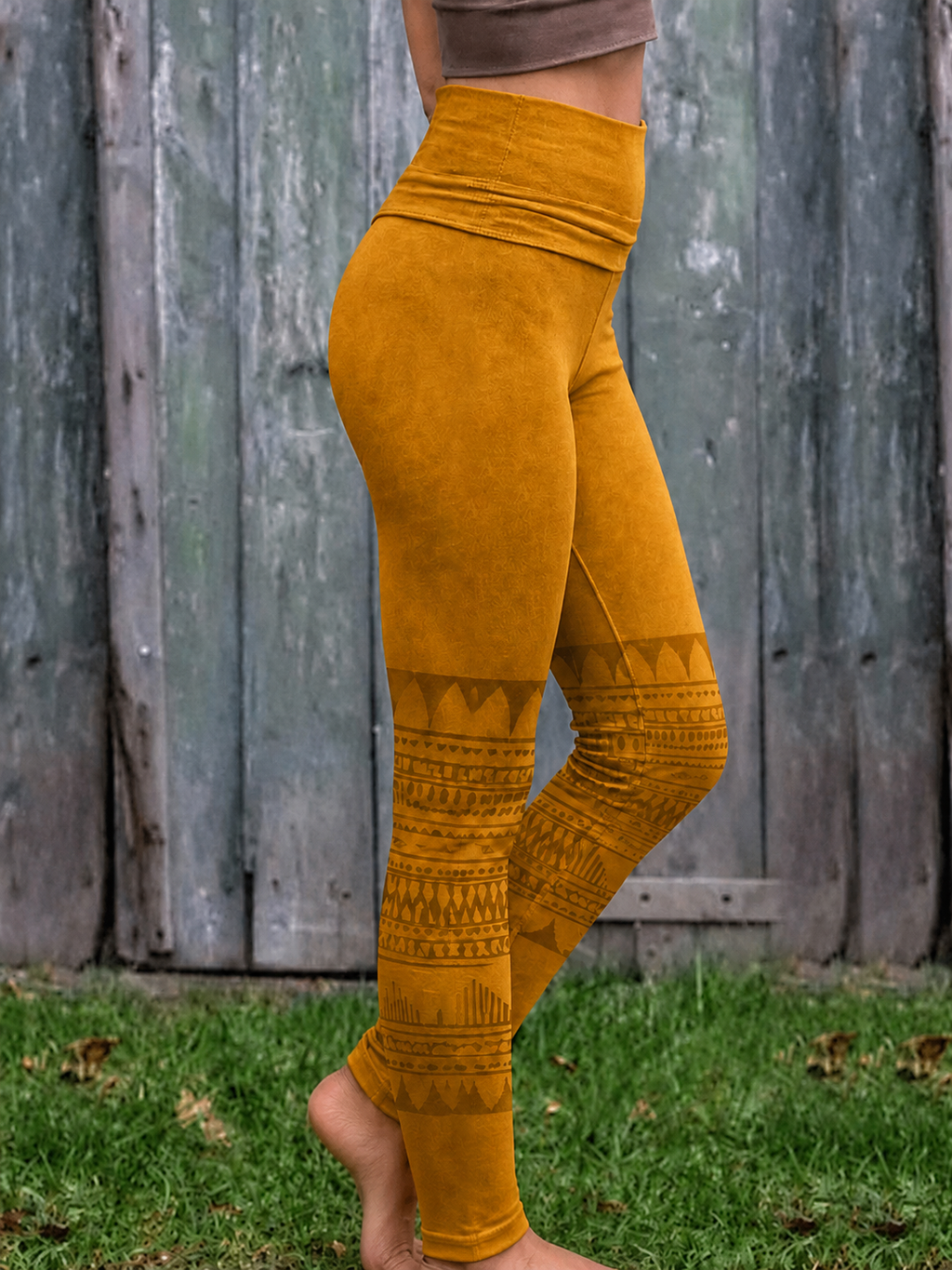 Tribal Print High-Waist Fold-Over Yoga Leggings