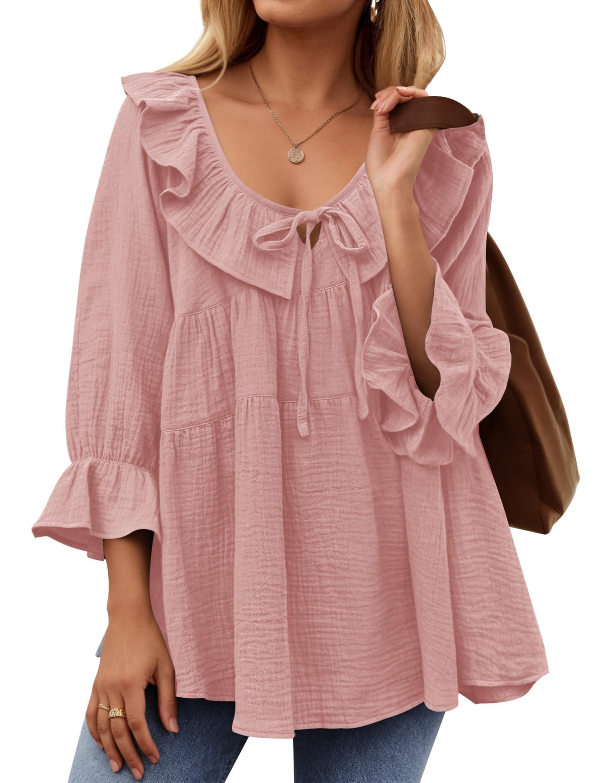 Women’s Scoop Neck 3/4 Length Sleeve Tie Front Ruffle Tiered Tunic Shirts