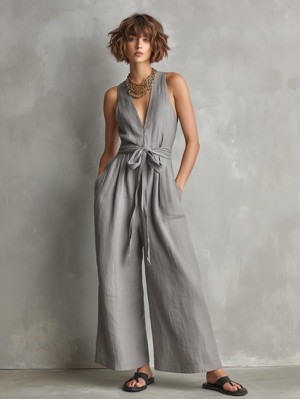 Women's Minimalist Linen-Blend Zippered V-Neck Sleeveless Belted Jumpsuit