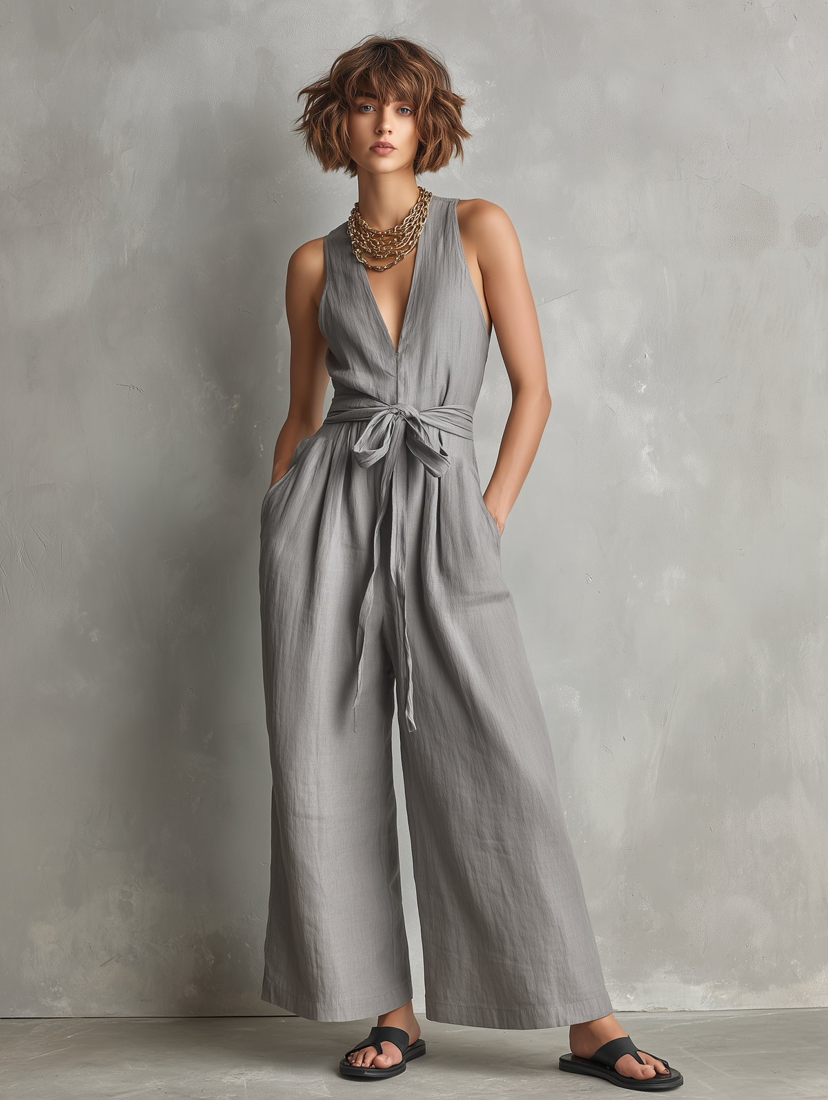 Women's Minimalist Linen-Blend Zippered V-Neck Sleeveless Belted Jumpsuit
