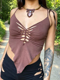 Front Braided Rope Cutout Asymmetric Handkerchief Hem Cami Top
