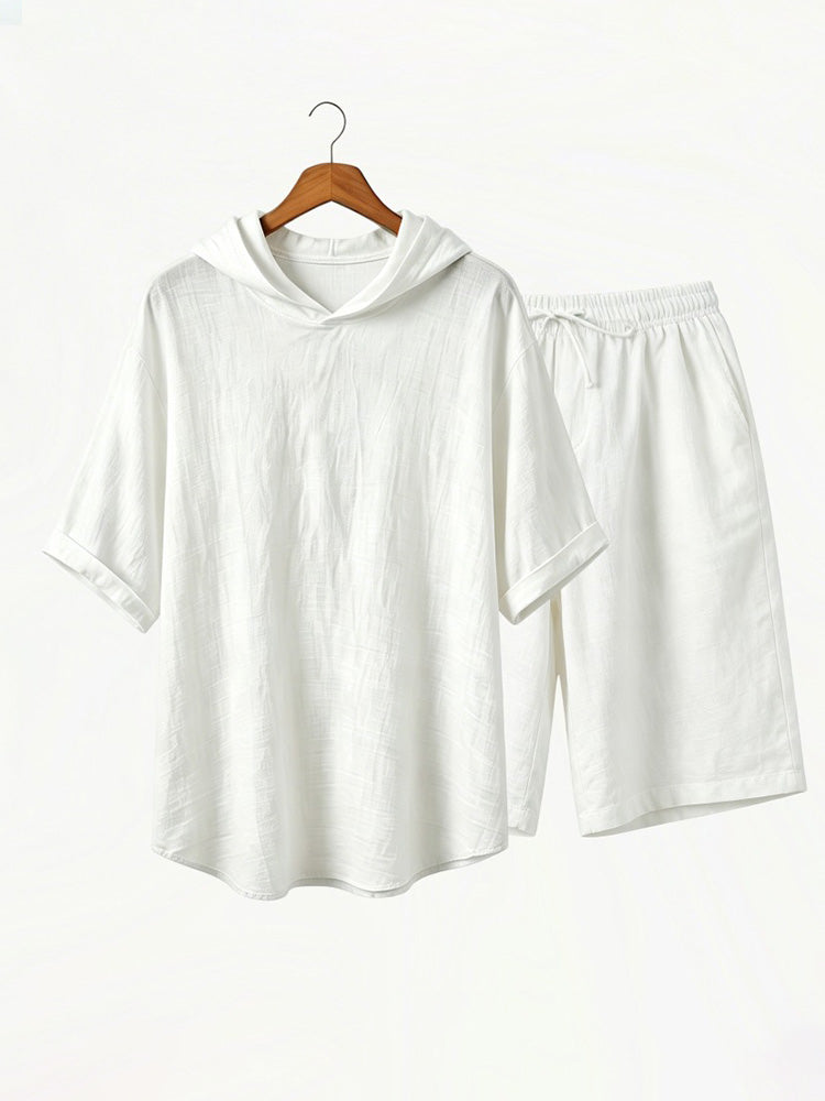 Washed Cotton Linen Hoodie 2-Piece Short