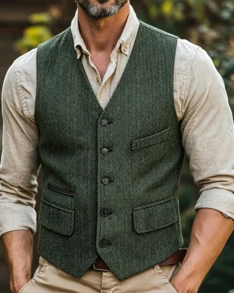 Vintage Dark Green Herringbone Tweed Multi©\Pocket Vest
