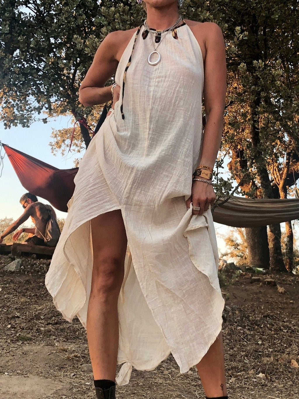 Natural cotton backless dress Gypsy dress Leopard trim halterneck dress