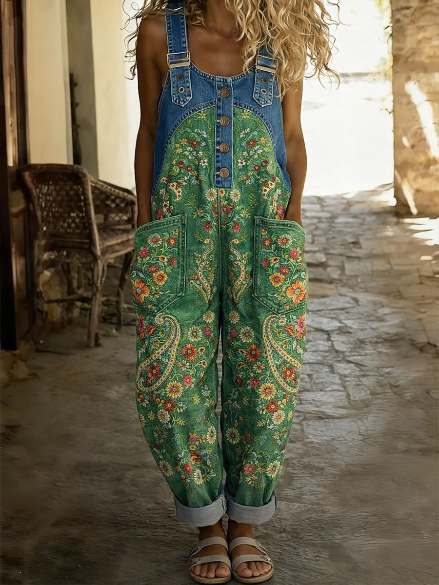 Floral Art Print Denim Patchwork Jumpsuit