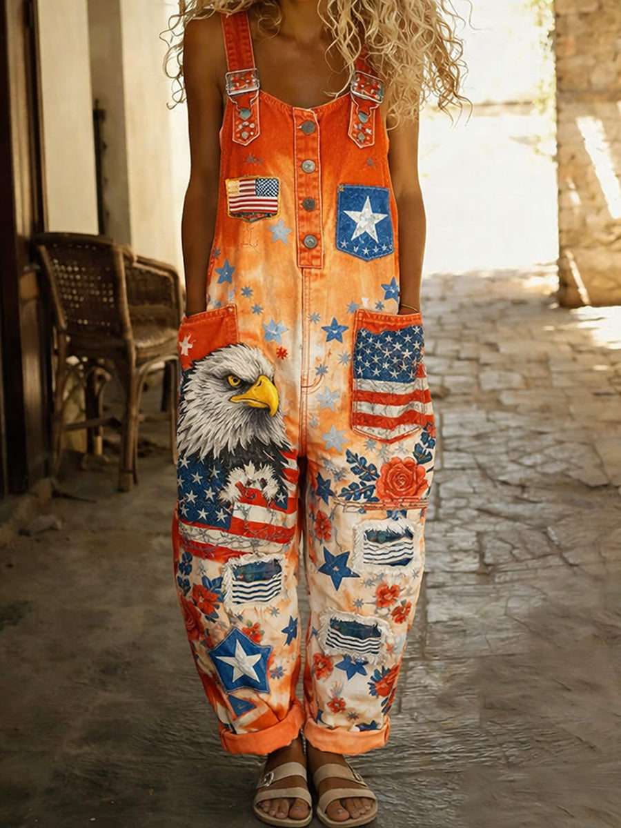 Women's Retro Style Print Washed Cotton Denim Patchwork Jumpsuit