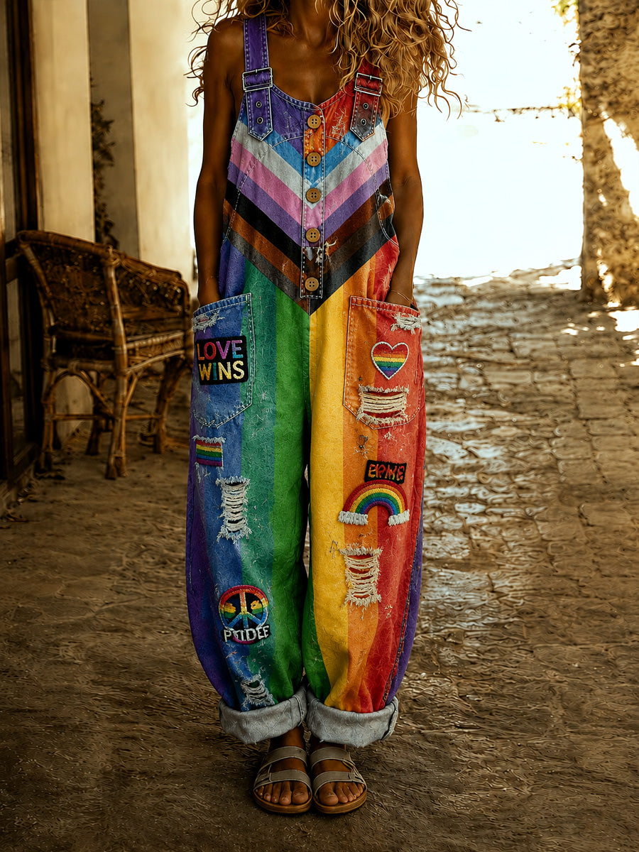 Women's Retro Pride Month Rainbow Art Print Washed Cotton Denim Patchwork Jumpsuit