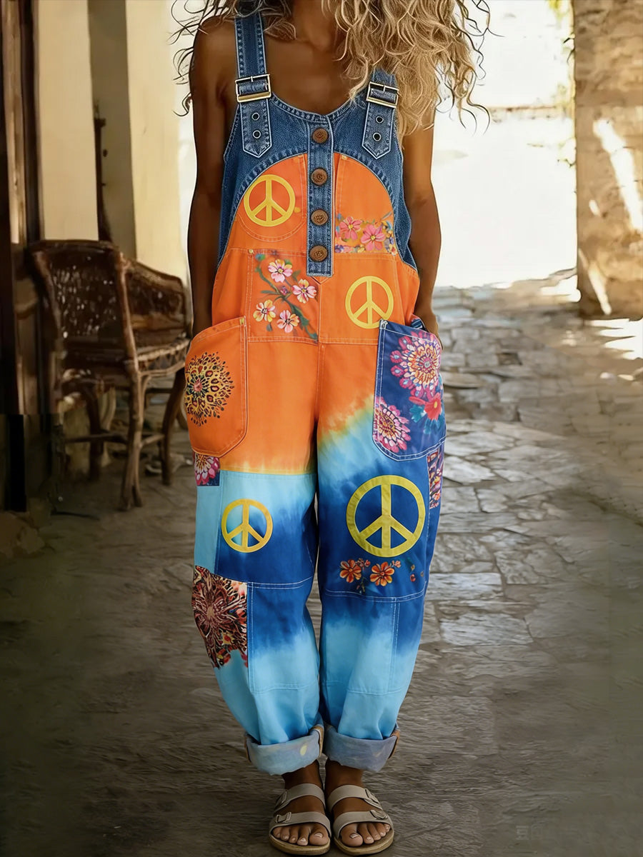 Women's Retro Floral Color-Blocked Art Print Washed Cotton Denim Patchwork Jumpsuit