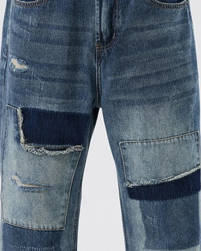 Vintage Faded Patchwork Distressed Loose Work Jeans