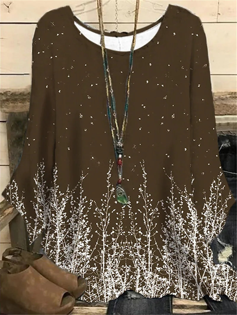 Flower Printing Fashion Casual Elegant Top Round Neck Long Sleeve T-Shirts