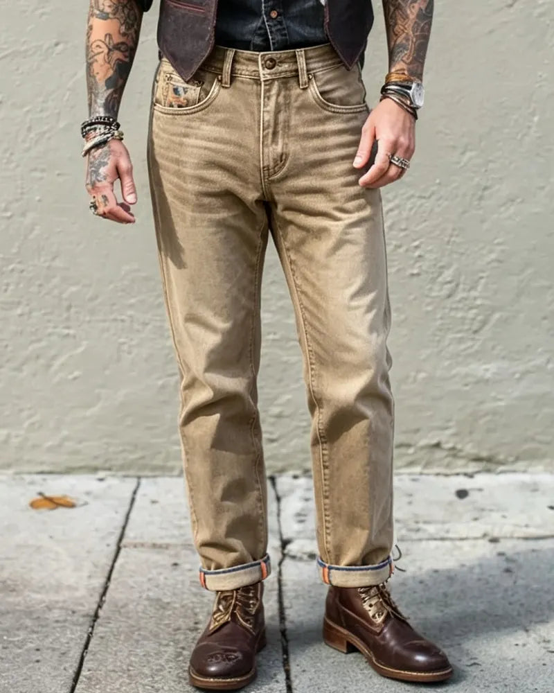 Vintage Khaki Straight©\Leg Workwear Denim Trousers