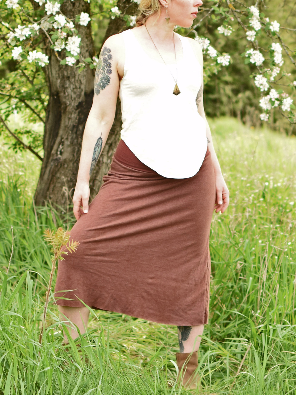 Fold-Over Waist Draped Midi Skirt