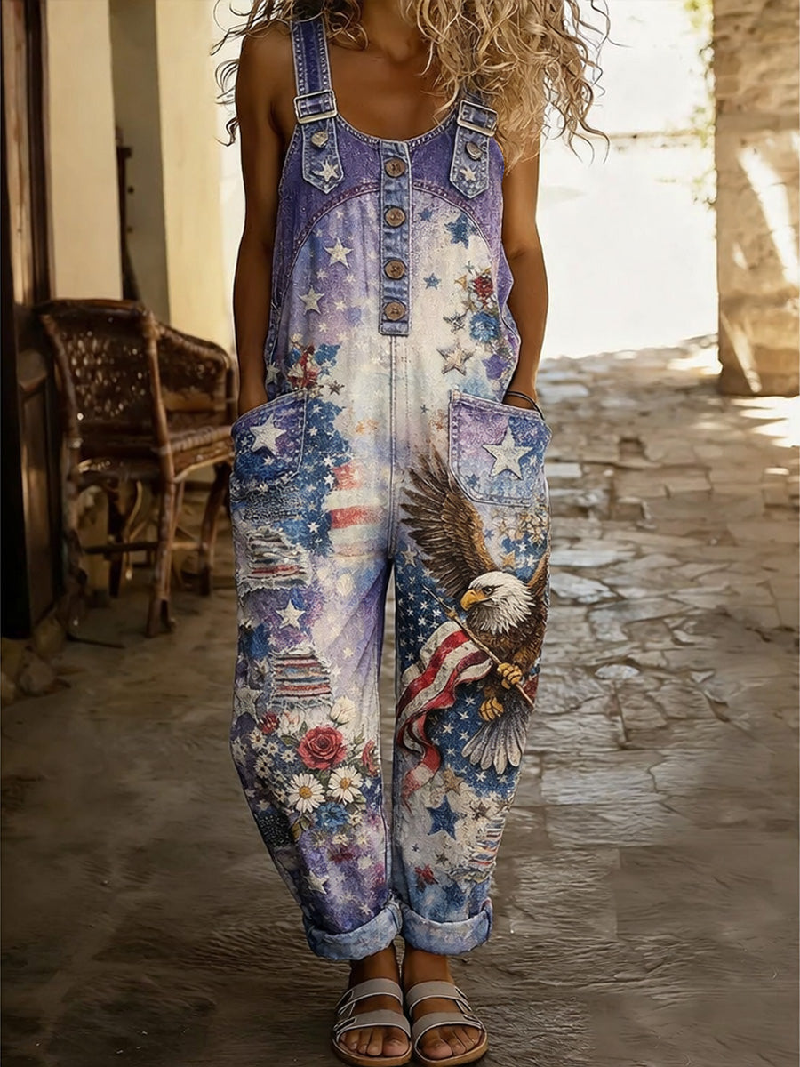 Women's Retro Style Print Washed Cotton Denim Patchwork Jumpsuit