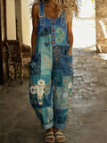 Women's Western Art Print Washed Cotton Denim Patchwork Jumpsuit