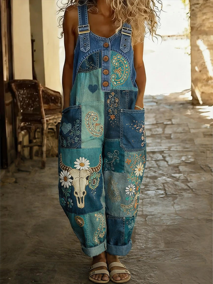 Women's Western Art Print Washed Cotton Denim Patchwork Jumpsuit