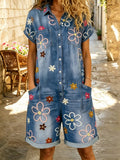Women's Retro Floral Art Print Washed Cotton Denim Patchwork Jumpsuit