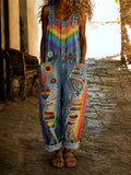 Women's Retro Pride Month Rainbow Art Print Washed Cotton Denim Patchwork Jumpsuit