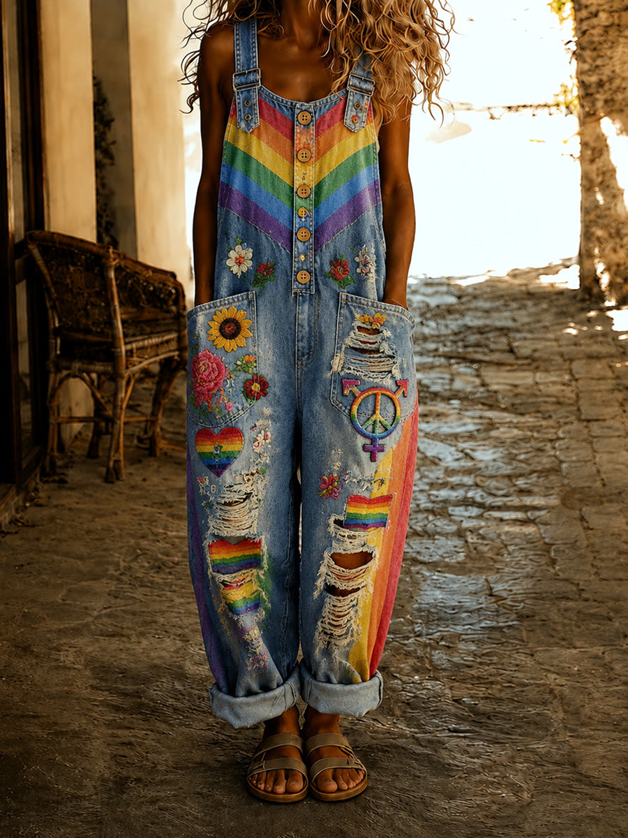 Women's Retro Pride Month Rainbow Art Print Washed Cotton Denim Patchwork Jumpsuit